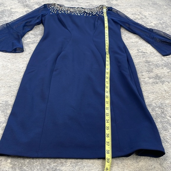 New Alex Evenings Beaded Neckline Sheath Dress Illusion Sleeves Blue Sz 6 - Picture 10 of 12
